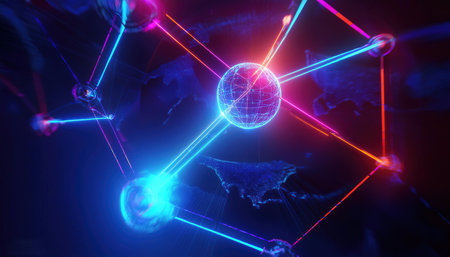 Abstract background with glowing sphere and network. Network concept. 3D Renderingの写真素材