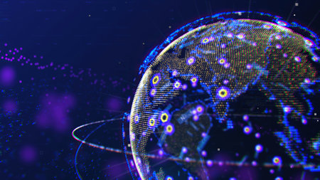 3d rendering of digital globe with network connection on dark blue backgroundの写真素材