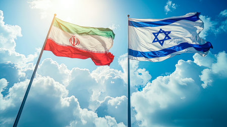 Iran and Israel flags waving in the wind against blue sky with sun raysの写真素材