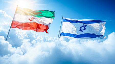 Israel and Russia flags waving in the wind against blue sky with sun rays