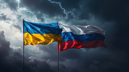 Three waving flags of Ukraine and Russia on dark cloudy sky background. 3D rendering