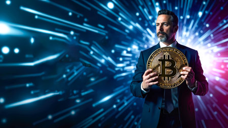Handsome bearded man holding a golden bitcoin in front of a blue backgroundの写真素材