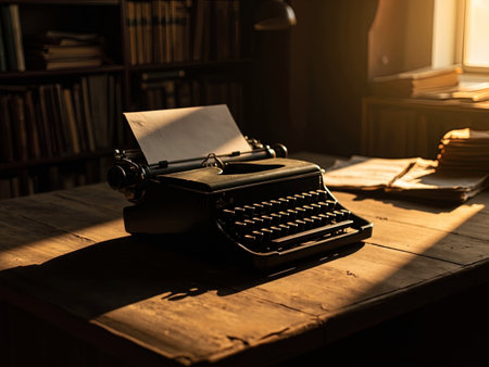 Vintage typewriter on a wooden table with books in the backgroundの写真素材