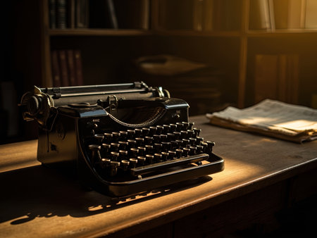Vintage typewriter on a wooden table with books in the backgroundの写真素材