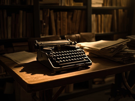 Vintage typewriter on a wooden table in the library with booksの写真素材