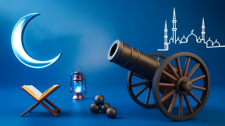 Ramadan Kareem background with crescent moon, arabic lantern and wooden wheel on blue backgroundの写真素材