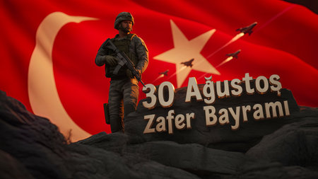 Soldier with assault rifle on the background of the flag of Turkey. The concept of military operations in Turkey.の写真素材