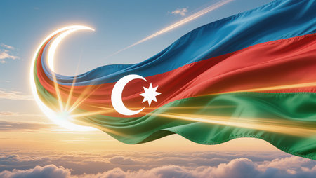 Azerbaijan waving flag against blue sky with sunraysの写真素材