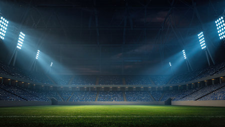 3D render of a beautiful football stadium with bright lights and fansの写真素材