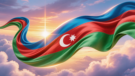 flag of Azerbaijan waving in the wind against orange and blue sky with sunrays