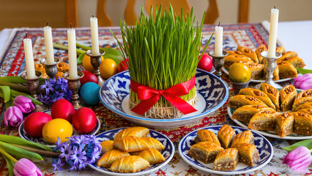Easter table setting with traditional baklava and colored eggsの写真素材