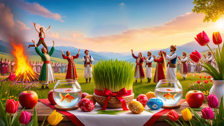 Happy Easter. Group of people in traditional ukrainian clothes with eggs and flowers on the background of spring landscape.の写真素材