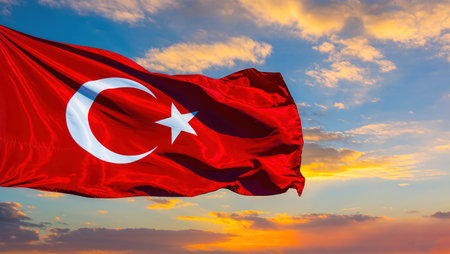 Turkey flag waving in the wind against beautiful colorful sunset or sunrise sky.の写真素材