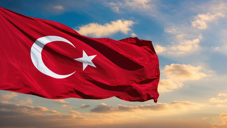 Turkey flag waving in the wind against blue sky with white clouds.