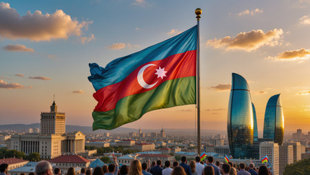 Azerbaijan flag waving in front of the city skyline at sunsetの写真素材
