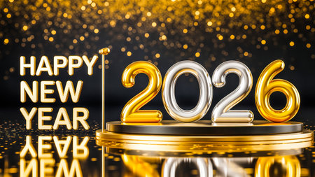 Happy New Year 2026 text on gold podium with bokeh background. 3D Rendering