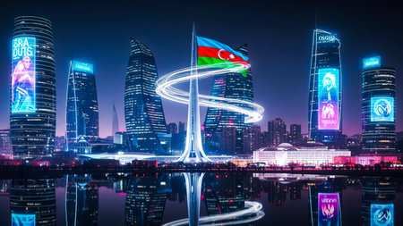 Skyscrapers of the city at night, with the flag of Azerbaijanの写真素材