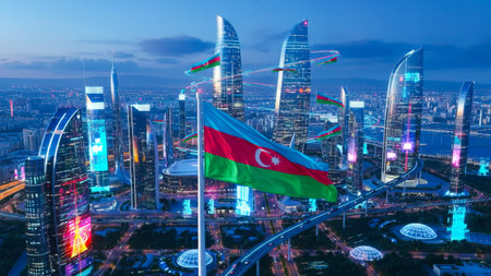 Aerial view of the city skyline and the flag of Azerbaijan.の写真素材