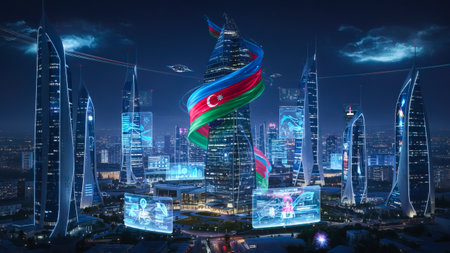 3D rendering of a futuristic city in the night with a hologram of the flag of Azerbaijan.の写真素材