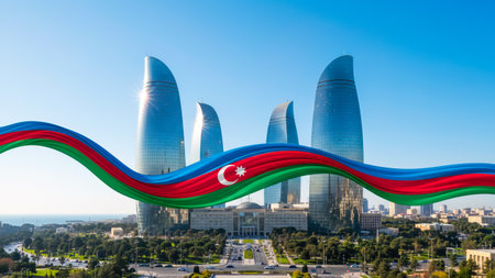 Flag on modern skyscrapers background.の写真素材