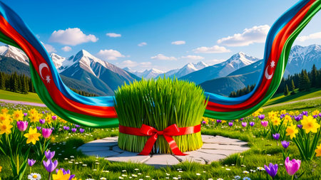 Grass and flowers in the meadow with the mountains in the backgroundの写真素材