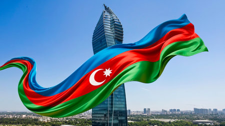 Flag waving in the wind against modern skyscrapersの写真素材