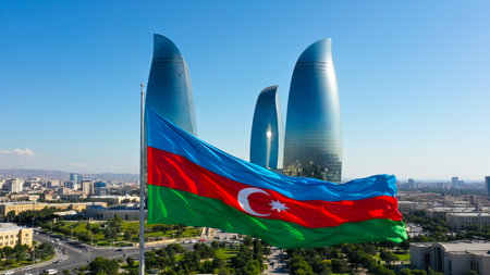Azerbaijan flag and the Baku city skylineの写真素材