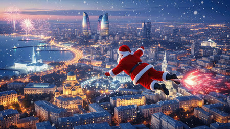 Flying Santa Claus Over Baku on New Yearâs Eve â A Magical Holiday Night 3d renderingの写真素材