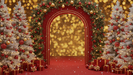 3d rendering of a christmas background with red carpet and presentsの写真素材
