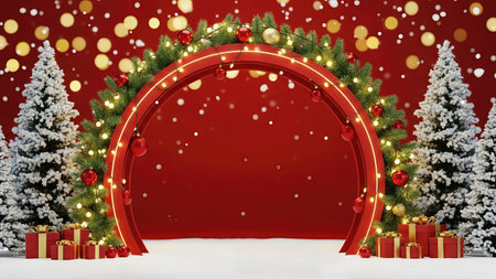 3d illustration of a red arch with christmas tree and giftsの写真素材