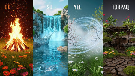 3D illustration of four seasons of the year. Spring and summer.