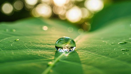 Water drop on green leaf with bokeh sun light background.の写真素材