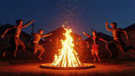 3D Illustration of Novruz Od Chershenbesi Traditional Fire Celebration