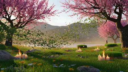 Beautiful spring landscape with blooming trees and flowers. 3d render