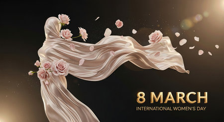 Wavy silk fabric with beautiful flowers on black background. Vector illustrationの写真素材