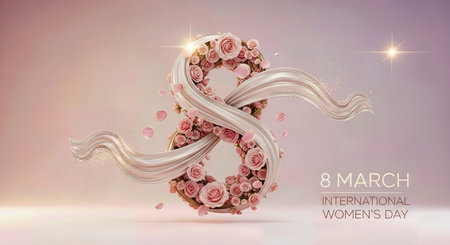 8 March International Women's Day greeting card with pink roses. Vector illustration.