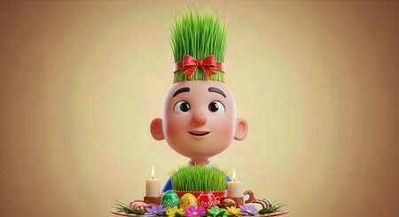 Happy boy with grass on his head, 3d illustrationの写真素材