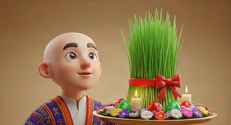 Novruz Spring Renewal Bald Man 3D Illustration with Samaniの写真素材