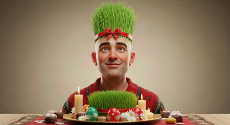 Novruz Spring Renewal Bald Man 3D Illustration with Samaniの写真素材