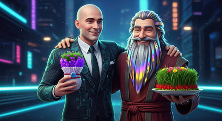 Bald Man and Kosa in a Futuristic Novruz Scene â 3D Illustrationdの写真素材