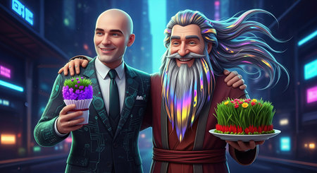 Bald Man and Kosa in a Futuristic Novruz Scene â 3D Illustrationの写真素材