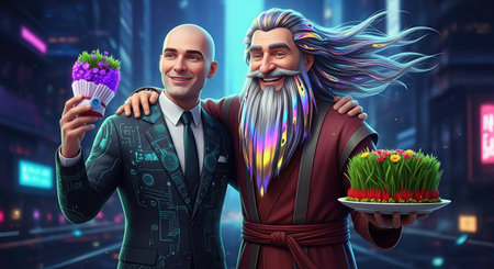 Bald Man and Kosa in a Futuristic Novruz Scene â 3D Illustrationの写真素材