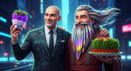 Bald Man and Kosa in a Futuristic Novruz Scene â 3D Illustrationの写真素材