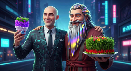 Bald Man and Kosa in a Futuristic Novruz Scene â 3D Illustrationの写真素材