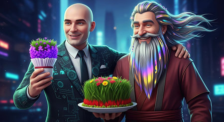 Bald Man and Kosa in a Futuristic Novruz Scene â 3D Illustrationの写真素材