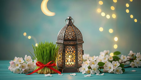 3D Illustration of Novruz and Ramadan Celebration with Lantern, Semeni and Spring Blossoms