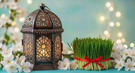 3D Illustration of Novruz and Ramadan Celebration with Lantern, Semeni and Spring Blossomsの写真素材