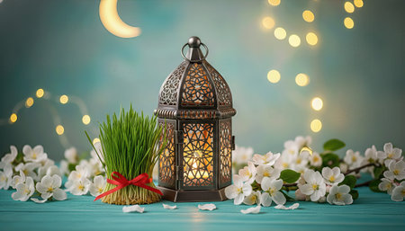 3D Illustration of Novruz and Ramadan Celebration with Lantern, Semeni and Spring Blossomsの写真素材