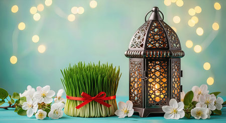 3D Illustration of Novruz and Ramadan Celebration with Lantern, Semeni and Spring Blossomsの写真素材