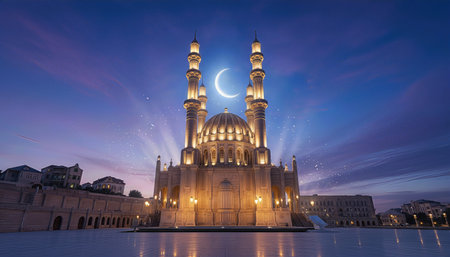 Ramadan Night at HeydÉr Mosque â 3D Illustrationの写真素材